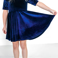 VELVET MID SLEEVE TWIRL- Navy Stretch Velvet Twirl Dress