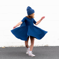 MID SLEEVE TWIRL DRESS- Navy Ribbed