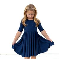 MID SLEEVE TWIRL DRESS- Navy Ribbed