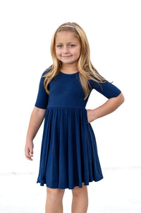 MID SLEEVE TWIRL DRESS- Navy Ribbed